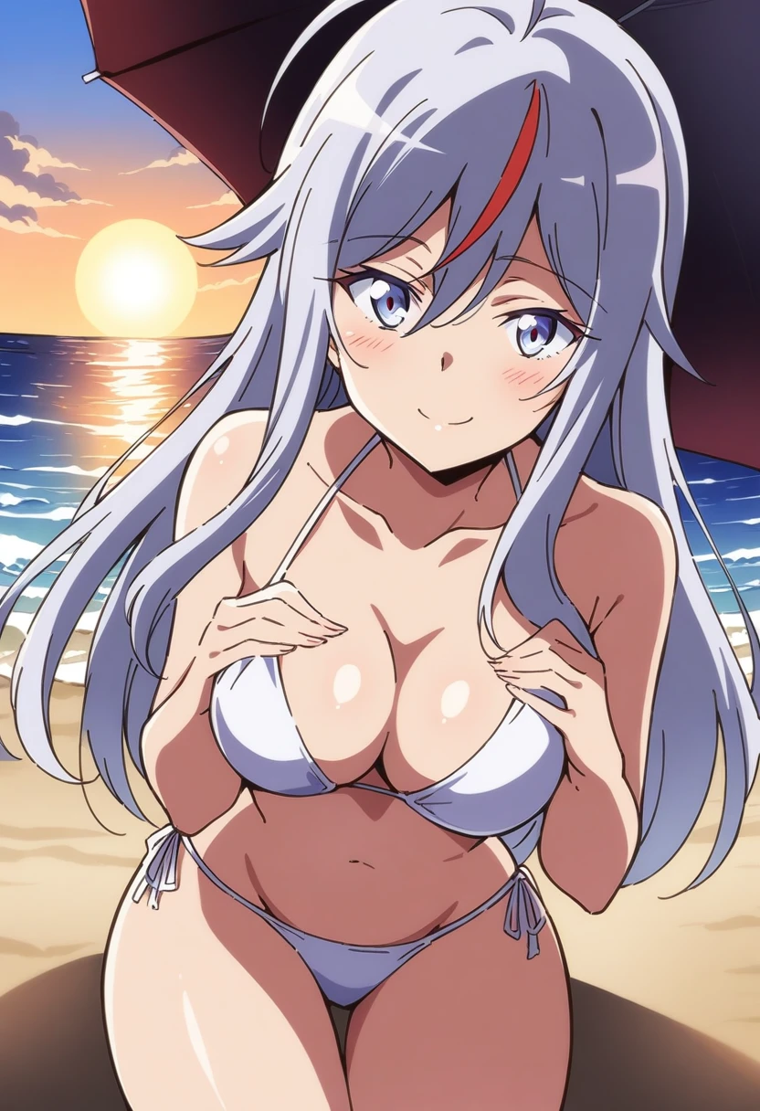 anime art style, 2d, masterpiece, best quality, very aesthetic, absurdres, dynamic shadows, atmosferic, vladilena_millize, (1girl), ((silver hair)), long hair, (red streaked hair), (silver eyes), narrowed eyes, detailed eyes, ahoge, hair between eyes, bangs, medium breasts, cleavage, collarbone, makeup, sexy, string bikini, white bikini, sexy smile, hands on own breasts, ((cowboy shot)), sitting, from front, beach, sun, clouds, sky, umbrella, looking at viewer