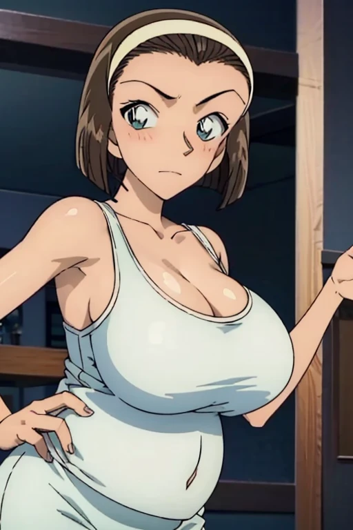 looking at the camera、When I Look at You、lookatviewer、Anime Style、Eroge、1 Girl, (Huge breasts), (Tight white camisole dress)、Low Angle、Brown haired, hair band、Bob Hair、The forehead is visible、blush,The whole body is visible:1.5、Long skirt、pregnant