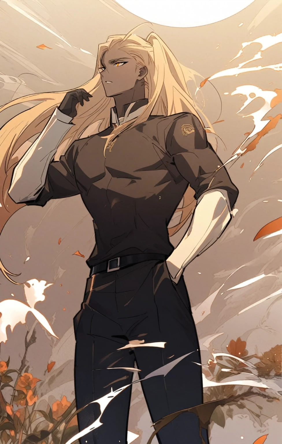 a pretty Male, he has brown skin and he has blue to orange eyes and he’s hair is black to blue and he is wearing a academy uniform . Manhwa style.