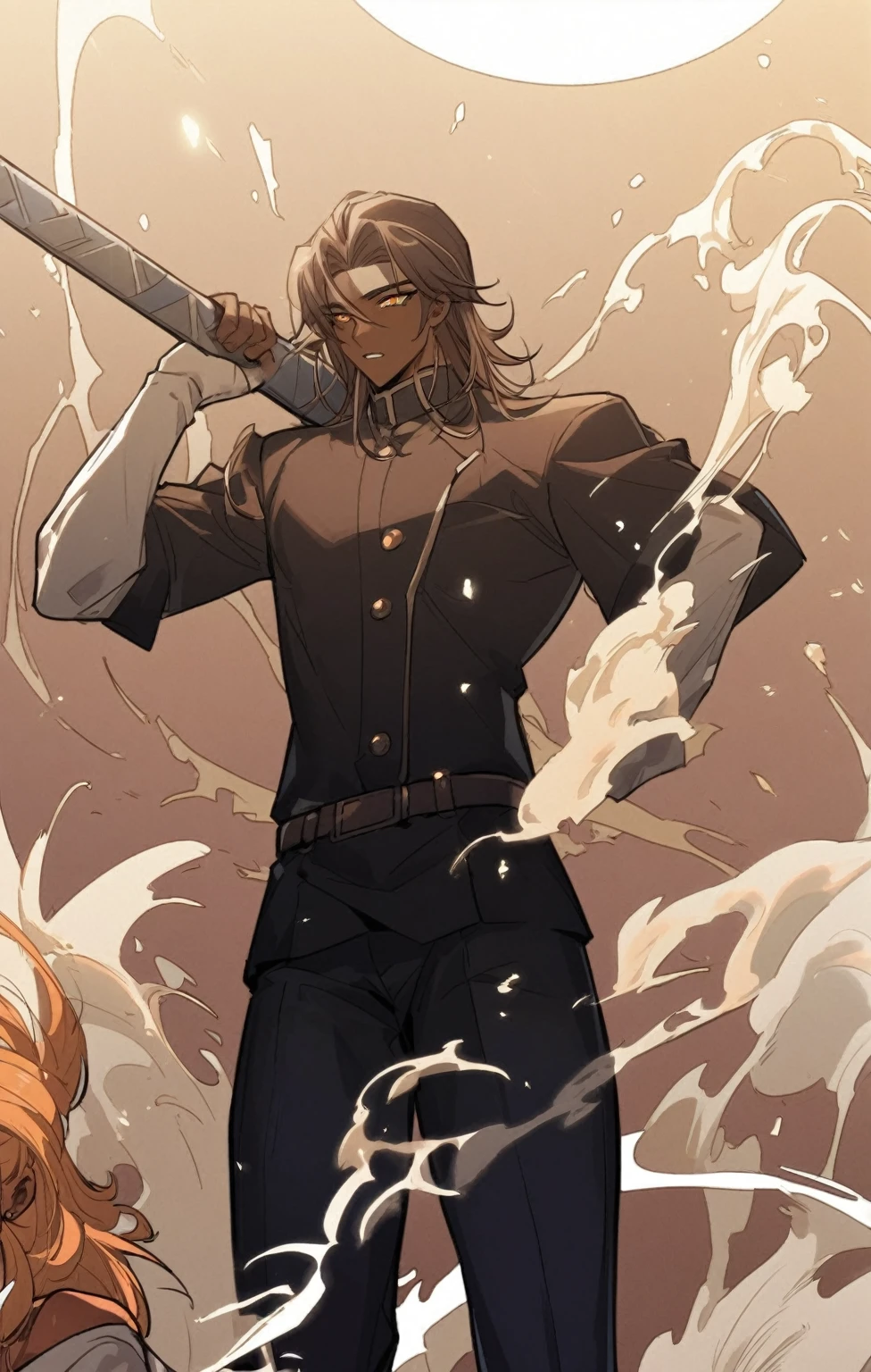 a pretty Male, he has brown skin and he has blue to orange eyes and he’s hair is black to blue and he is wearing a academy uniform . Manhwa style.