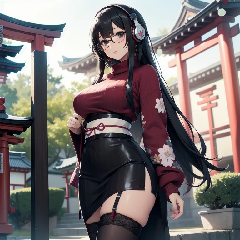 1girl, anime, black eyes, long black hair with square bangs, very long black hair, super long black hair, skirt and stockings, heels, black Japanese style kimono mixed with ribbed black sweater with red accents and sakura floral design, ((ribbed black sweater)) adult, (Japanese shrine/temple background), gamer, (((gamergirl))), kimono sleeves, ((big bust)), glasses, hourglass figure, garter, ((Headphones))