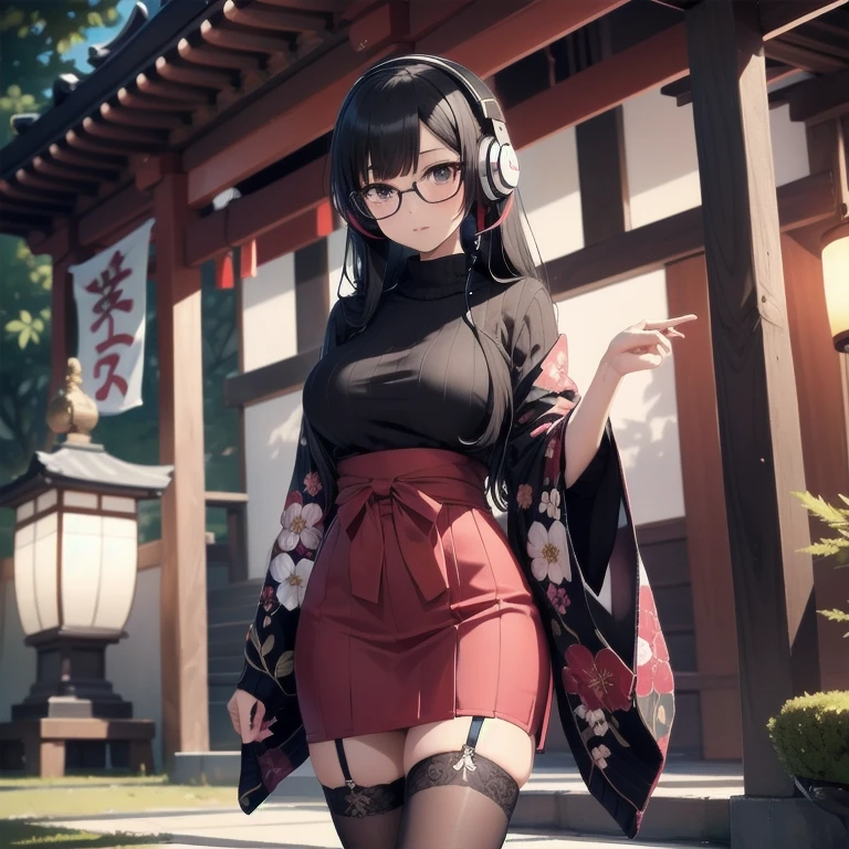 1girl, anime, black eyes, long black hair with square bangs, very long black hair, super long black hair, skirt and stockings, heels, black Japanese style kimono mixed with ribbed black sweater with red accents and sakura floral design, ((ribbed black sweater)) adult, (Japanese shrine/temple background), gamer, (((gamergirl))), kimono sleeves, ((big bust)), glasses, hourglass figure, garter, ((Headphones))