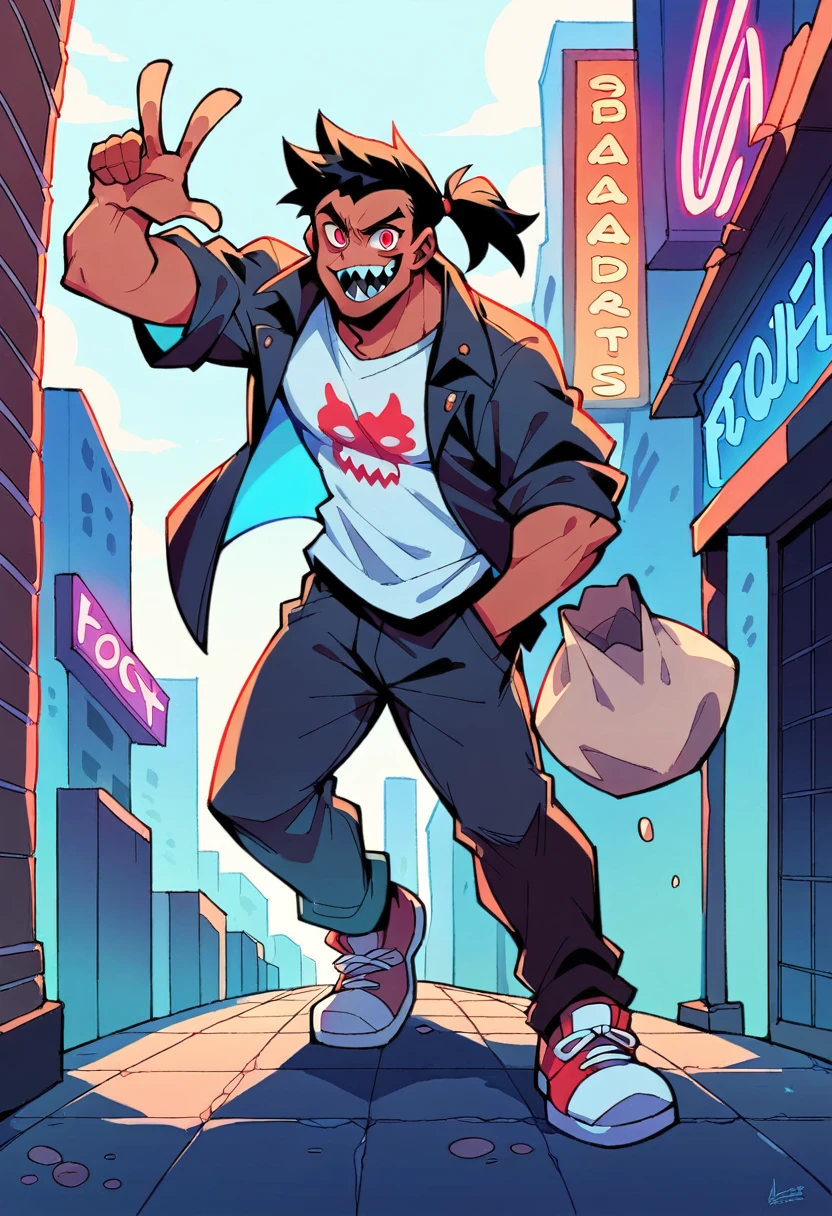 A black-skinned man with glowing red eyes, and a knowing smile full of sharp teeth. It has 3 distinct rows of teeth, each with more sharp teeth than the other. His hair is long and black, kept in a ponytail. He wears baggy black pants, and wears a black sweatshirt. He is holding a full flour sack, one sack containing several dried bloodstains. He is on the sidewalk of a city full of buildings and skyscrapers full of colorful neon lights.