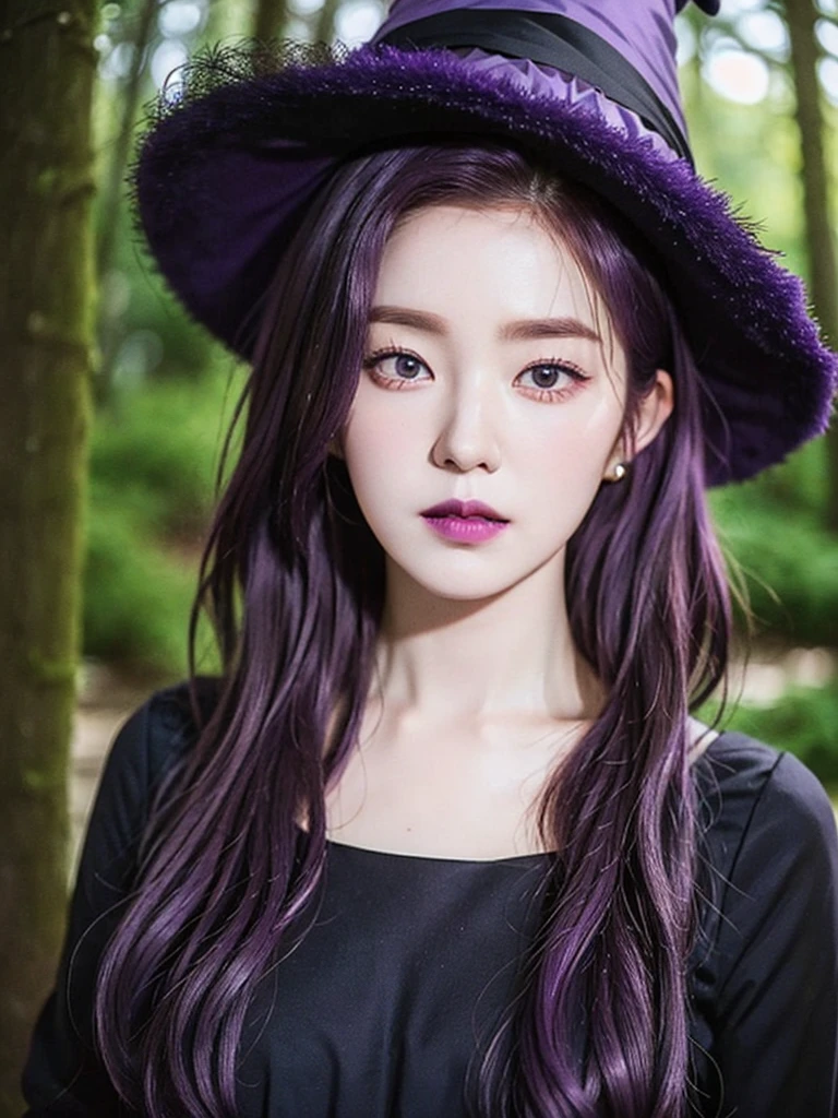 irene1, 1girl, portrait, purple hair, short hair, curly hair with a fringe, witch hat, witch dress, purple lips, in a forest, in the night