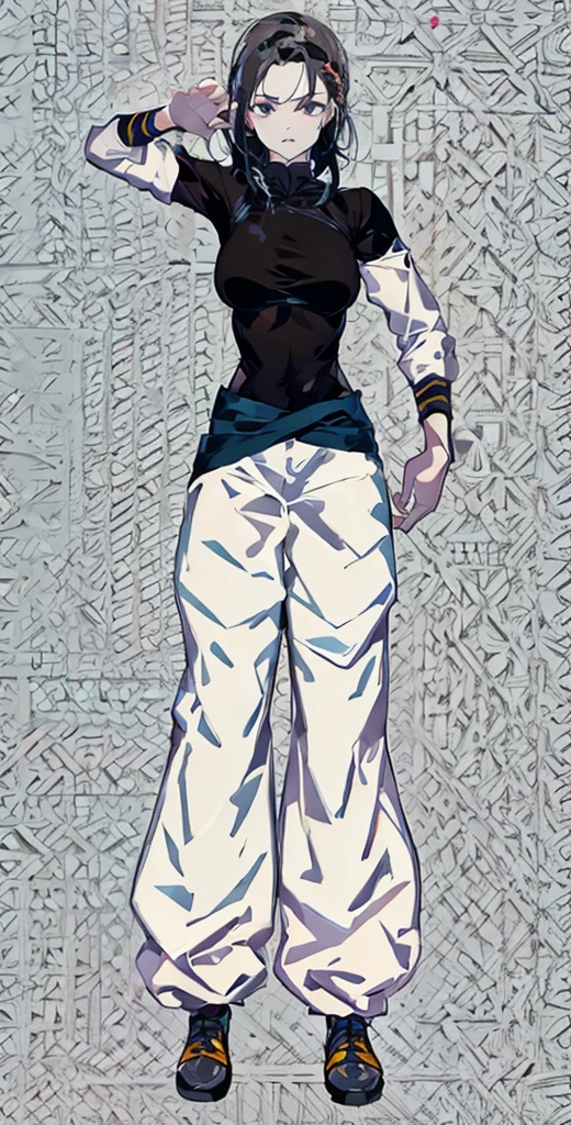 girl, dressed in white kung fu style pants,