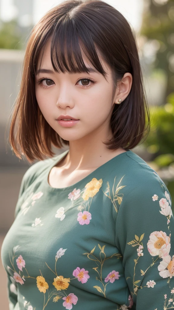 (1girl), ponytail, Extremely cute face, Amazing face and eyes, (Highly detailed eyes, Highly detailed face), fresh, Very clean appearance, (Hyper-realistic, hight resolution), (Best Quality:1.4), (hyper quality), Authentic skin texture, Raw photo, (Realistic, Photorealsitic:1.37), highly detailed, girl portrait, Japanese beautiful girl, the most beautiful girl in the world, ((flower-patterned clothes)), short hair, LOL, ((deflect your gaze))