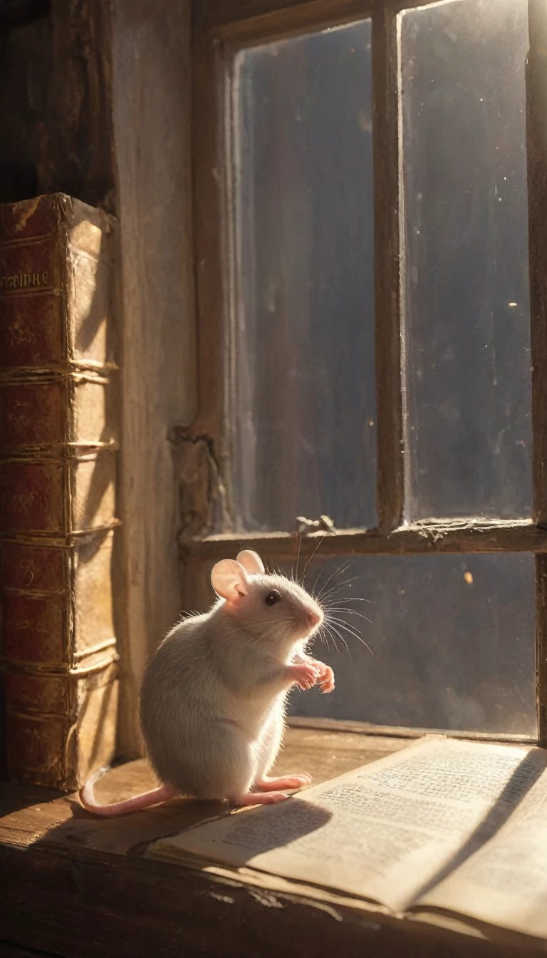 Hyperrealistic scene of a cozy bookstore interior. Sunlight streams through a window, illuminating swirling dust motes that dance in the golden light. A tiny white mouse named Theo peeks over the edge of a large, leather-bound book. Focus on the little mouse. 18k, cinematic
