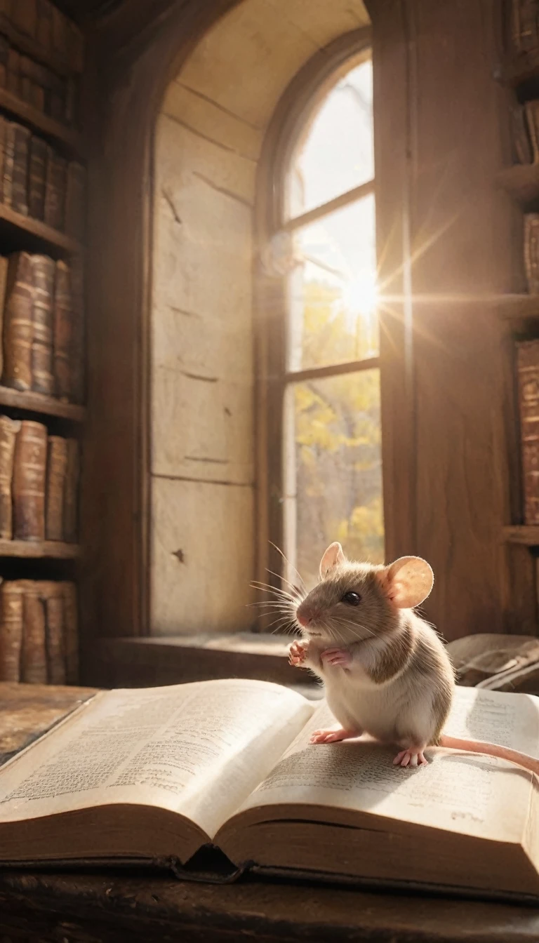 Hyperrealistic scene of a cozy bookstore interior. Sunlight streams through a window, illuminating swirling dust motes that dance in the golden light. A tiny white mouse named Theo peeks over the edge of a large, leather-bound book. Focus on the little mouse. 18k, cinematic