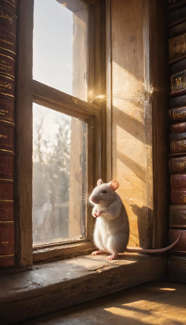 Hyperrealistic scene of a cozy bookstore interior. Sunlight streams through a window, illuminating swirling dust motes that dance in the golden light. A tiny white mouse named Theo peeks over the edge of a large, leather-bound book. Focus on the little mouse. 18k, cinematic