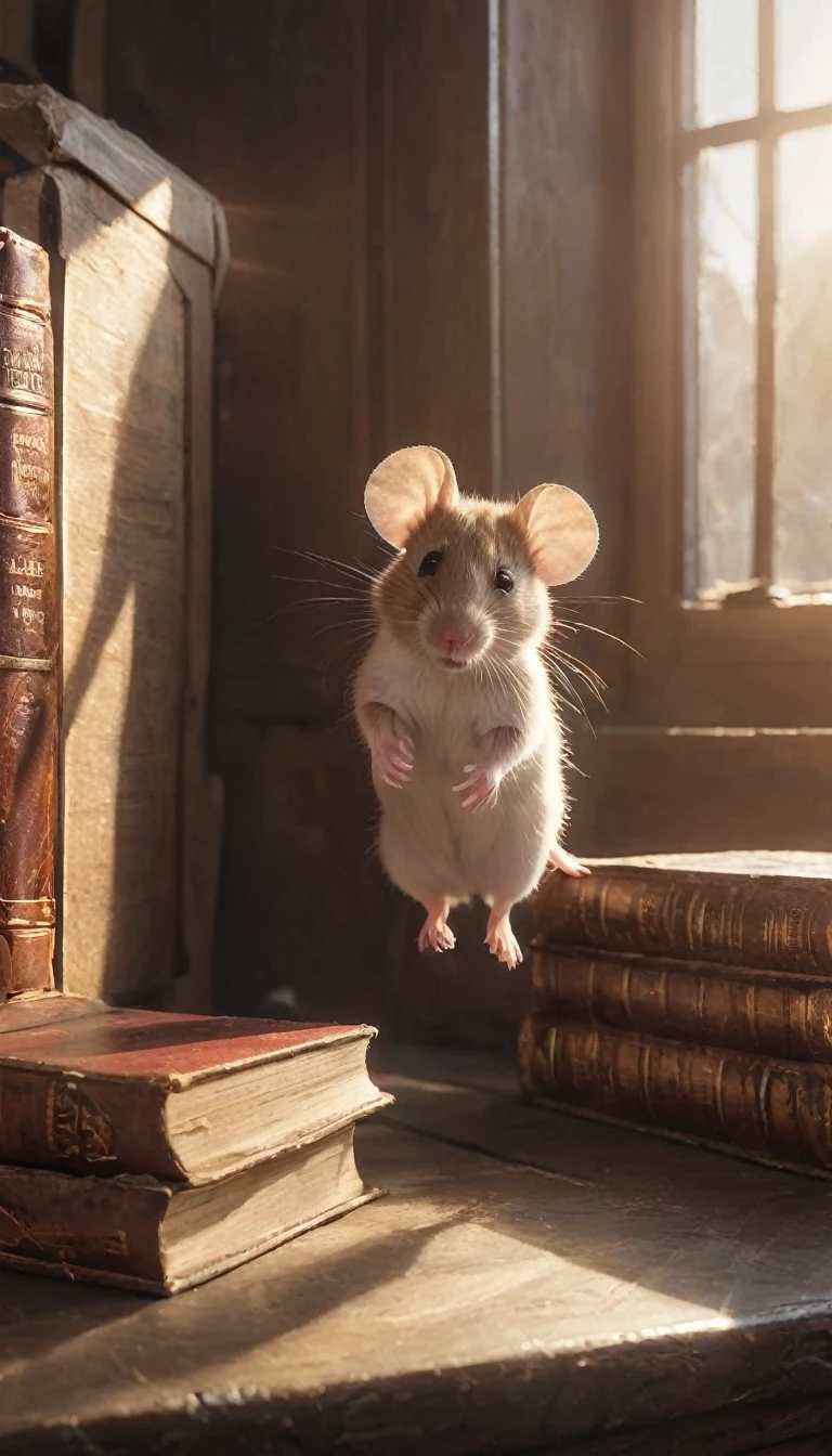 Hyperrealistic scene of a cozy bookstore interior. Sunlight streams through a window, illuminating swirling dust motes that dance in the golden light. A tiny white mouse named Theo peeks over the edge of a large, leather-bound book. Focus on the little mouse. 18k, cinematic