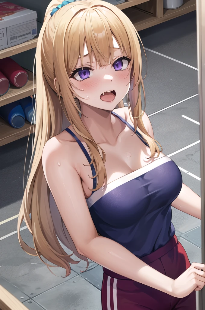 Boy and girl having sex,masterpiece, Highest quality, High resolution,1 boy,bbkei, Long Hair,Yellow Hair, ponytail, Hair Scrunchie,clavicle,Purple bra,naked,Inside the gym storeroom,On the mat,Embarrassing,straight,Ahegao,Ecstasy face,Open your mouth,Embarrassing,Sweat