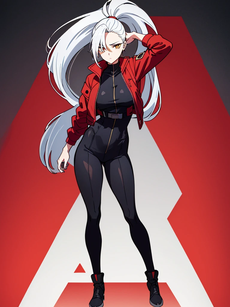 Tall, slim, She has long grey hair tied back in an enormous, messy ponytail that reaches down to her thighs, some of her hair is covering one of her eyes, she wears a red jacket over a black full-body suit, golden eyes