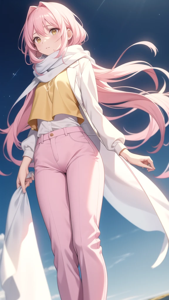 an anxious expression but at the same time fun, wear a pink blouse,A white scarf, and baggy light yellow pants and be feminine, who has long hair down to his white knees and has shining golden eyes