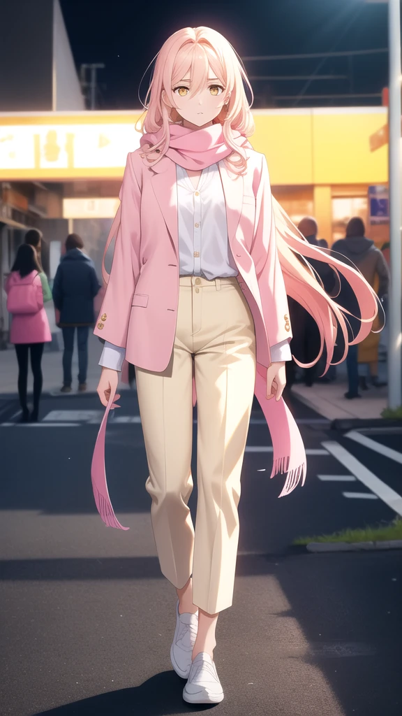 an anxious expression but at the same time fun, wear a pink blouse,A white scarf, and baggy light yellow pants and be feminine, who has long hair down to his white knees and has shining golden eyes