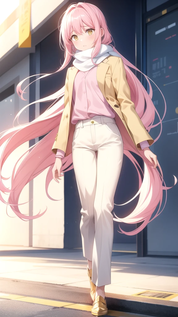 an anxious expression but at the same time fun, wear a pink blouse,A white scarf, and baggy light yellow pants and be feminine, who has long hair down to his white knees and has shining golden eyes
