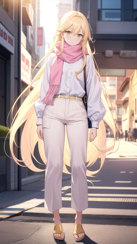 an anxious expression but at the same time fun, wear a pink blouse,A white scarf, and baggy light yellow pants and be feminine, who has long hair down to his white knees and has shining golden eyes