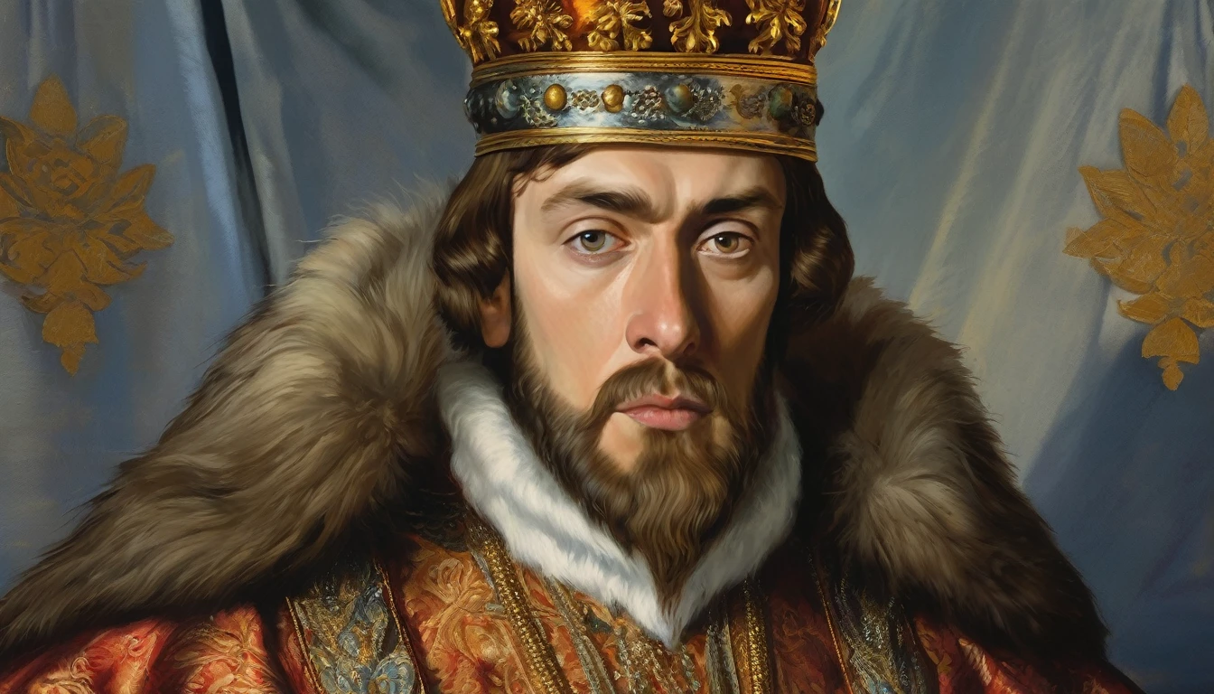 a close up of an oil painting of a king, Create an illustration depicting Ivan, The Terrible, na idade de 16 anos, based on historical information about your appearance and personality. Highlight facial features, dress and posture that would be characteristic of this age, as described in the historical records.