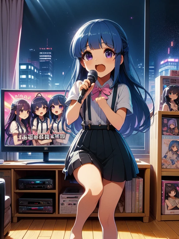 (furude rika), (Ultra-high resolution), (masterpiece), (Attention to detail), (high quality), (最high quality) , 1 Girl, alone, Blue Hair, Purple eyes, Long Hair, blunt bangs, bangs, White shirt, Pink Ribbon, suspenders, Black Skirt, ((Karaoke machine wired)), (Two Girls), sing, Grab the microphone, TV subtitles, Manga Bookshelf, sofa, carpet, Poster, curtain, Wooden floor, barefoot,