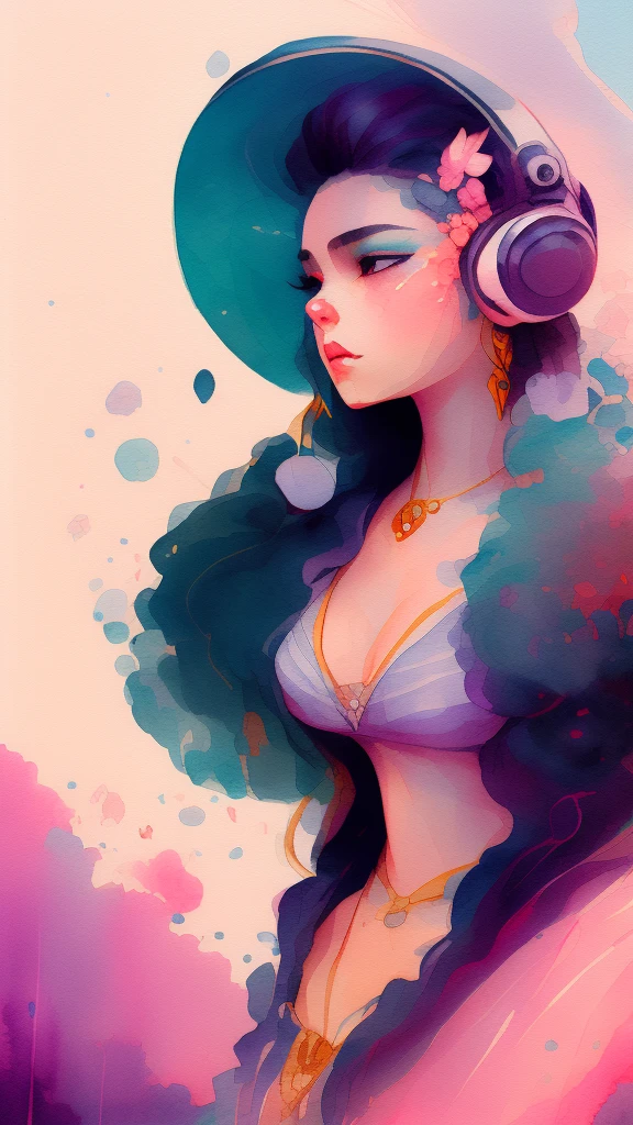close-up of a beautiful girl sitting at a lake with fishes,long hair,looking at viewer,bangs,shirt,black hair,jewelry,closed mouth,purple eyes,jacket,upper body,purple hair,multicolored hair,earrings,necktie,collared shirt,blunt bangs,lips,black jacket,black necktie, sunrise, paint splatter, watercolor, wtrcolor style