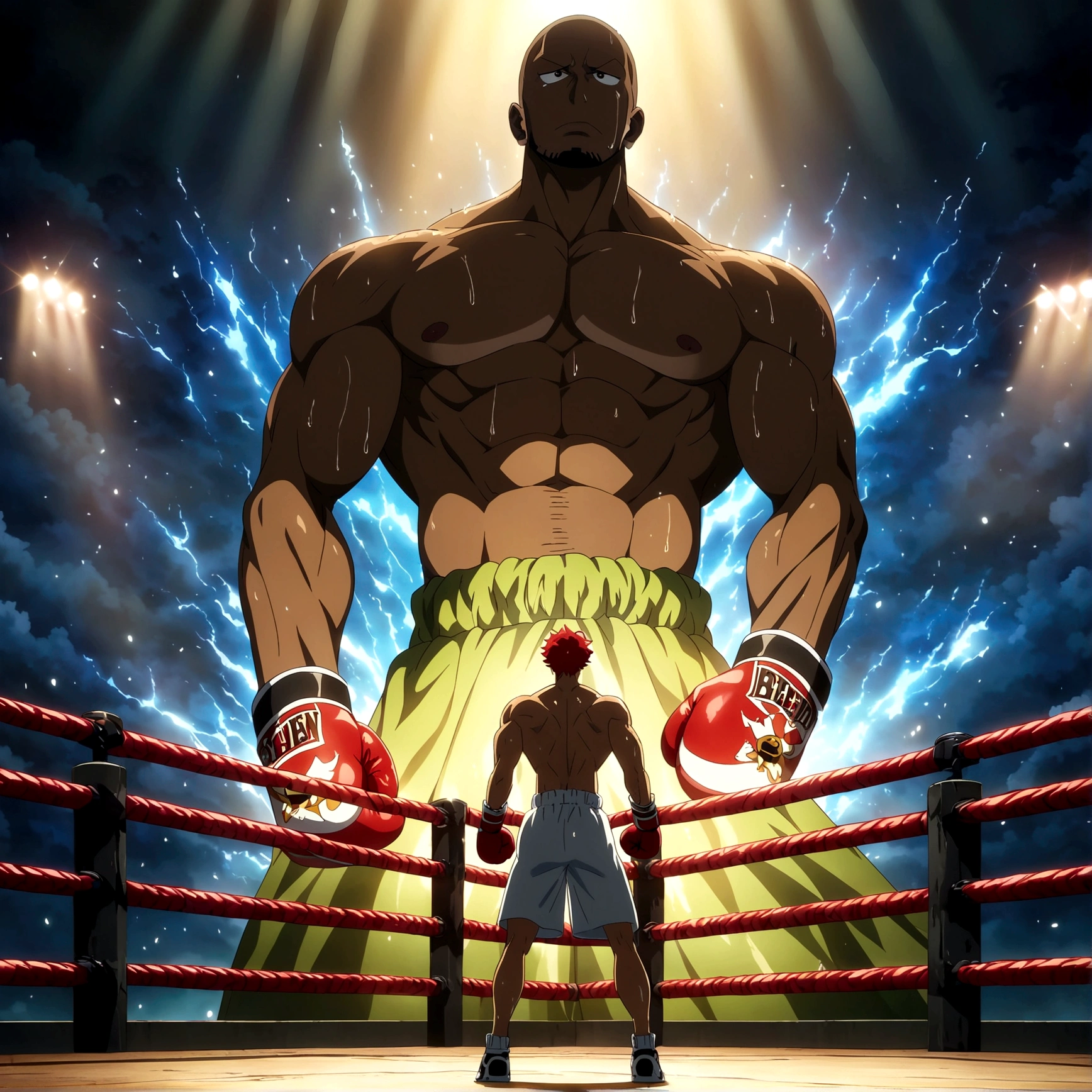 African man, muscular and defined body, short red hair, bright brown eyes, boxer's outfit, focused expression, boxing gloves, boxing ring backdrop, "One Piece-inspired anime features, drenched in dramatic and incredible lighting, dramatic lighting, infused with creative details, ultra-fine 2D design, backdrop bathed in creativity, bathed in creativity, boasting HD anime resolution clarity, HD anime graphics, high-octane rendering"