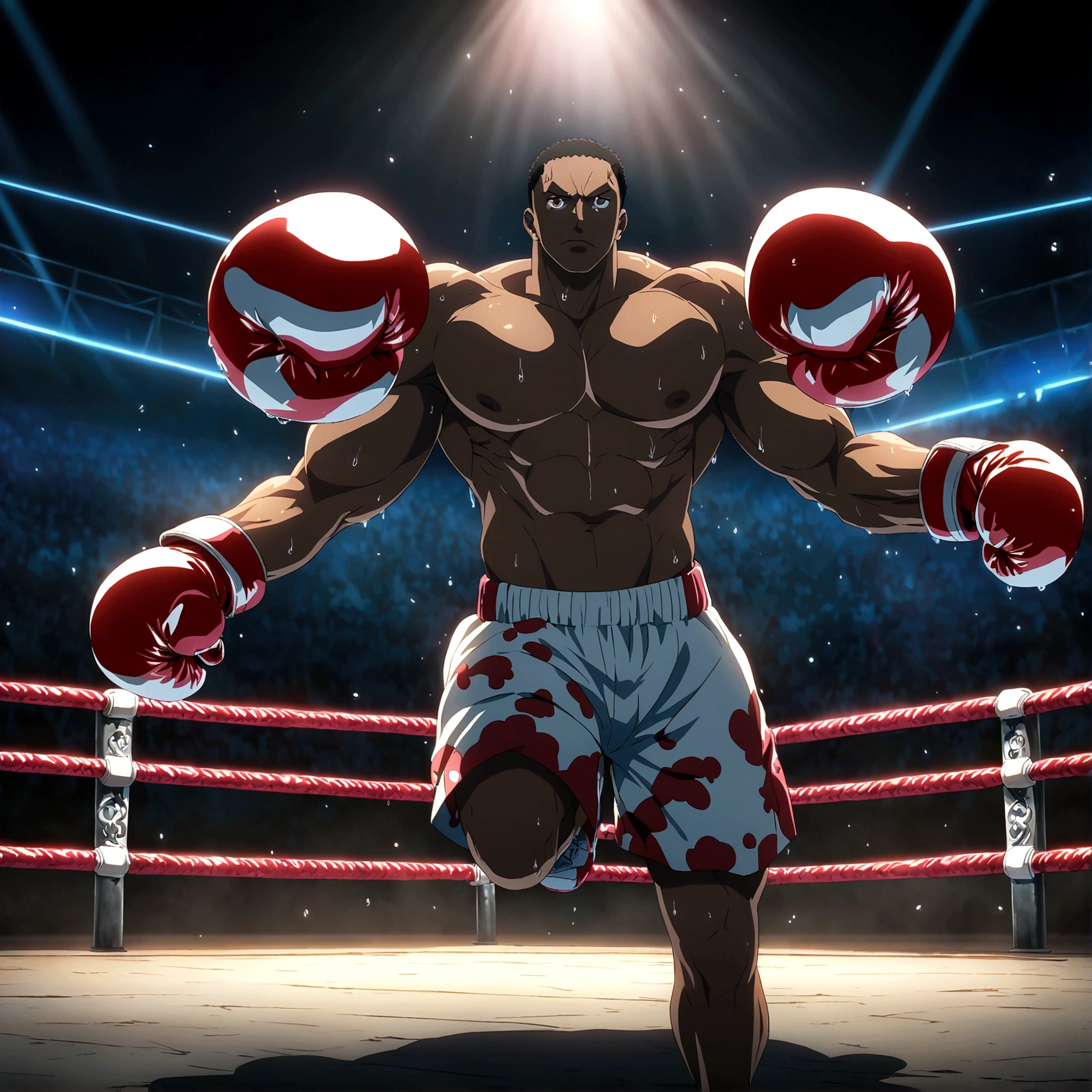 African man, muscular and defined body, short red hair, bright brown eyes, boxer's outfit, focused expression, boxing gloves, boxing ring backdrop, "One Piece-inspired anime features, drenched in dramatic and incredible lighting, dramatic lighting, infused with creative details, ultra-fine 2D design, backdrop bathed in creativity, bathed in creativity, boasting HD anime resolution clarity, HD anime graphics, high-octane rendering"