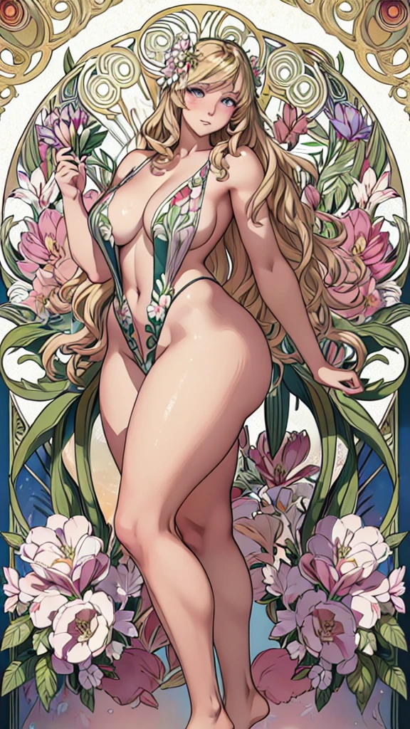 (Mucha:1.2),Detailed Background,Art Deco,Botanical Art,Flower Art,(Floral:1.2), Cowboy Shot、
(masterpiece, Highest quality),Vibrant colors,colorful, Highest quality, Amazing details, Anatomically correct,
Line art, Depth of written boundary,Flat Shading,
(Wavy Hair,Blonde),(Thighs),Thin legs,
Completely naked