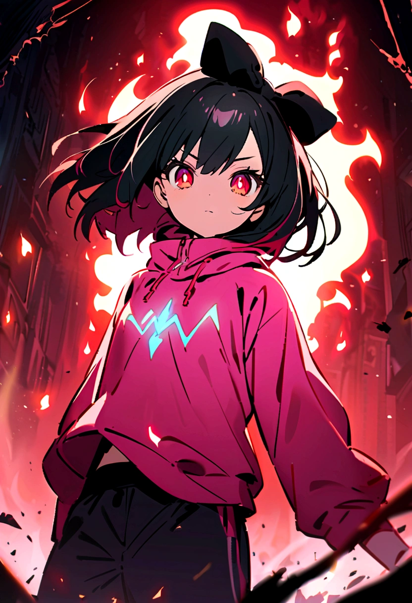 an anime girl eyes with a black iris and red pupils, black hair with pink highlights with small hair bow with small blue and yellow cubes decoration on the bow, on the right side of the head. She wears a pink sweatshirt that is too big for her and small black sweatpants.. A red aura emanated from his body as if it were flames and in a violent manner.. His gaze seems empty and his face is shadowed while his red eyes shine like neons., with a serious attitude while in a forest with the ground destroyed 