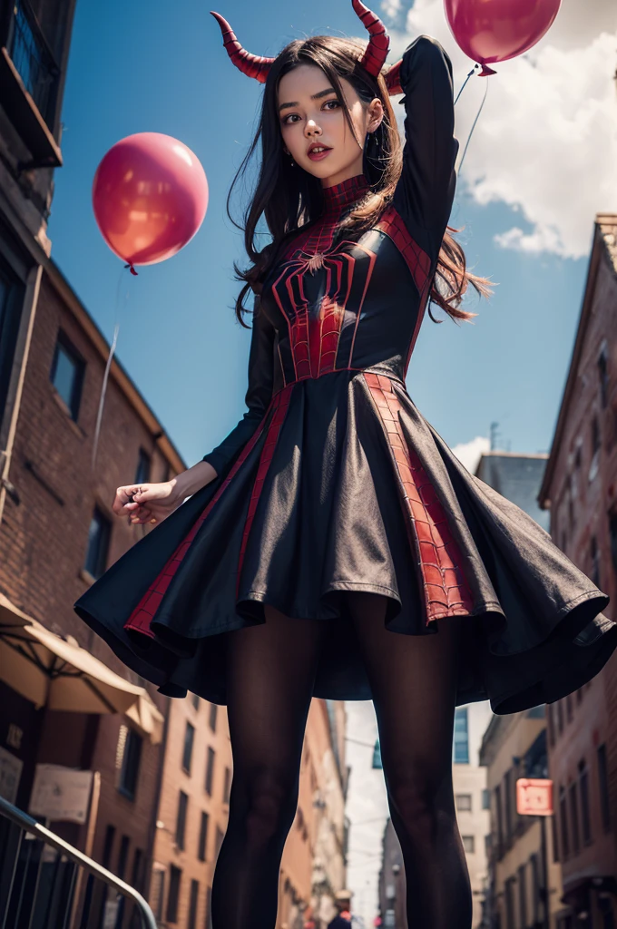Demon standing, with goatee and party balloons, spider man dress