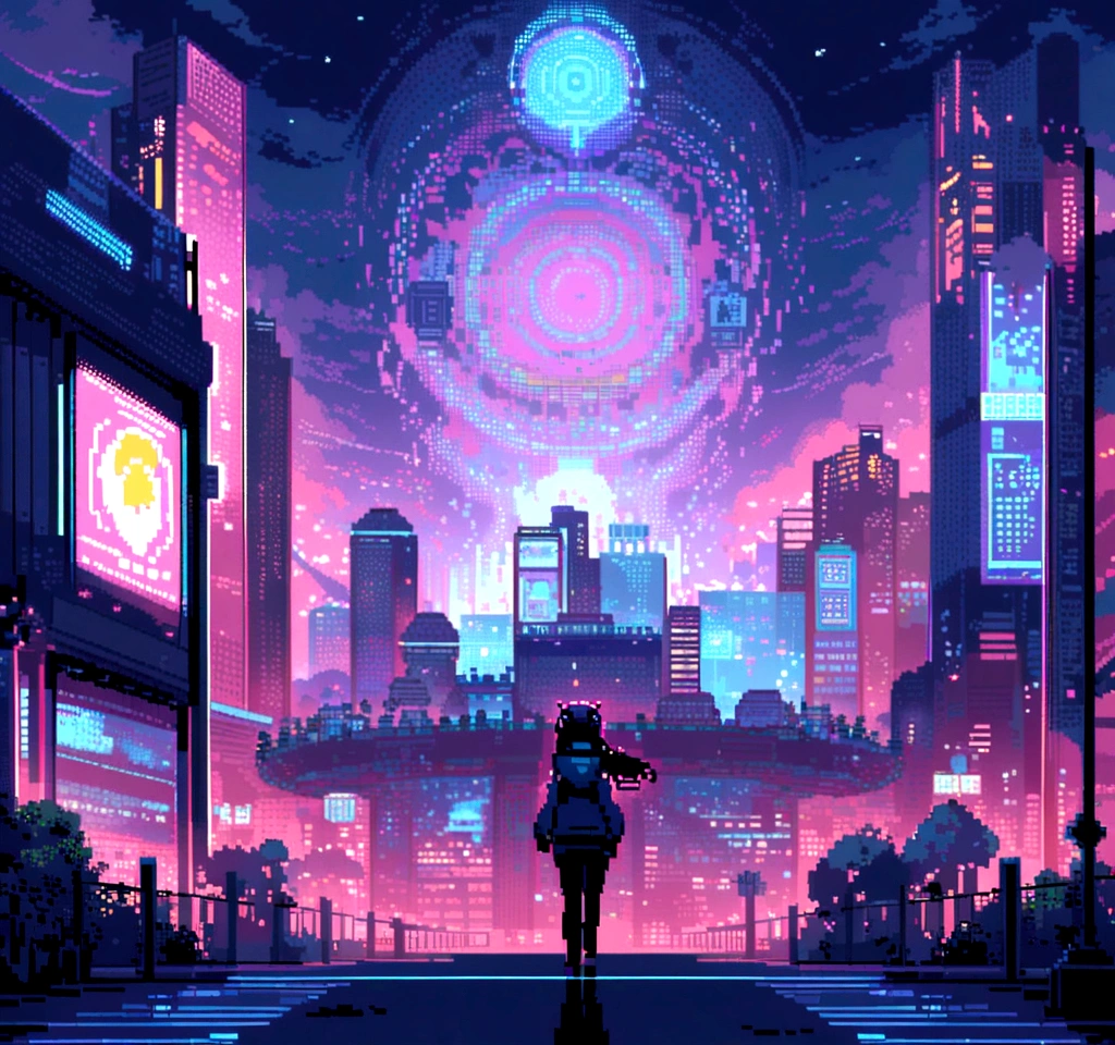 element: Pixel art characters running through a pixelated cyberpunk city. Towering Buildings, Moving holograms and flying cars make up the scene.. The characters are accompanied by pixel-art robots that move in time with the music..

• color: Dark blue and sky blue shades with white dots, Yellow and blue neon lights.