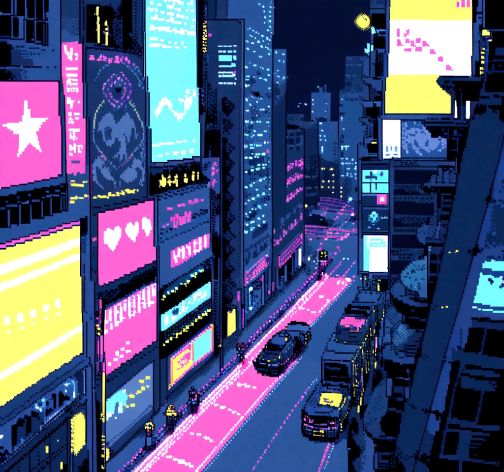 element: Pixel art characters running through a pixelated cyberpunk city. Towering Buildings, Moving holograms and flying cars make up the scene.. The characters are accompanied by pixel-art robots that move in time with the music..
• color: Dark blue and sky blue shades with white dots, Yellow and blue neon lights.