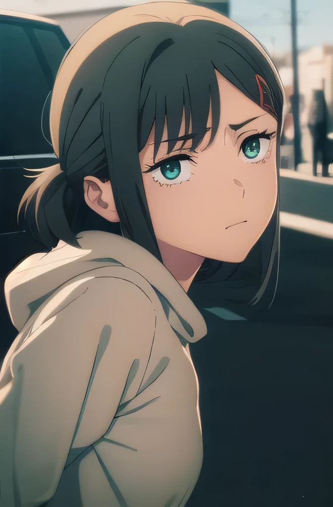 green eyed girl. with sweatshirt