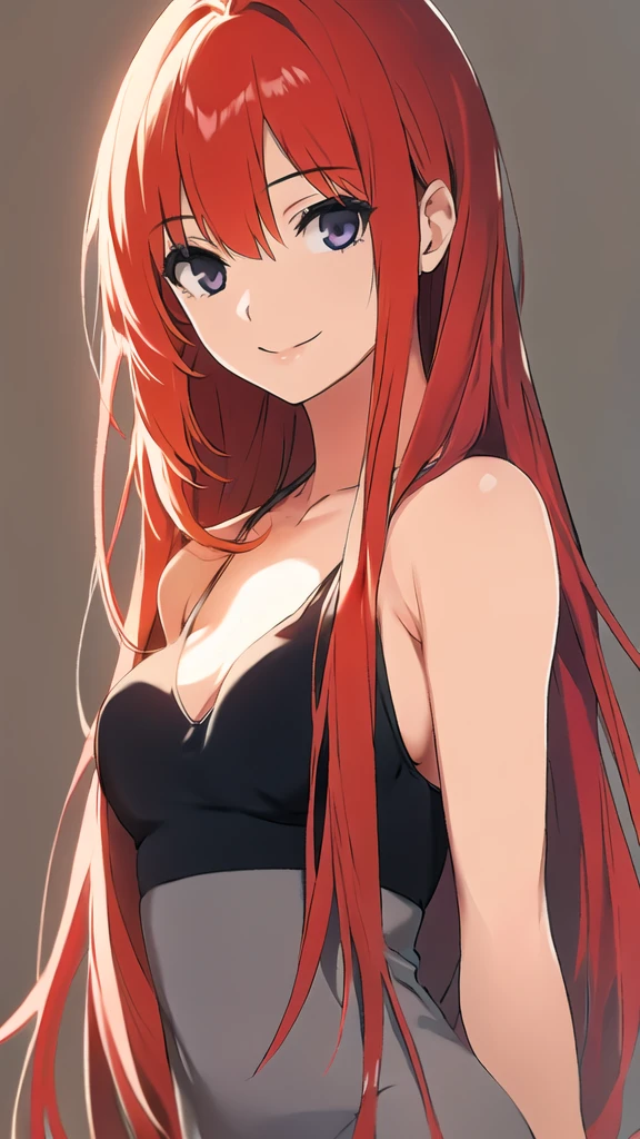 solo, 1girl,  simple background, light smile, ((middle breasts)), middle hair, red hair,  long hair, straight hair,