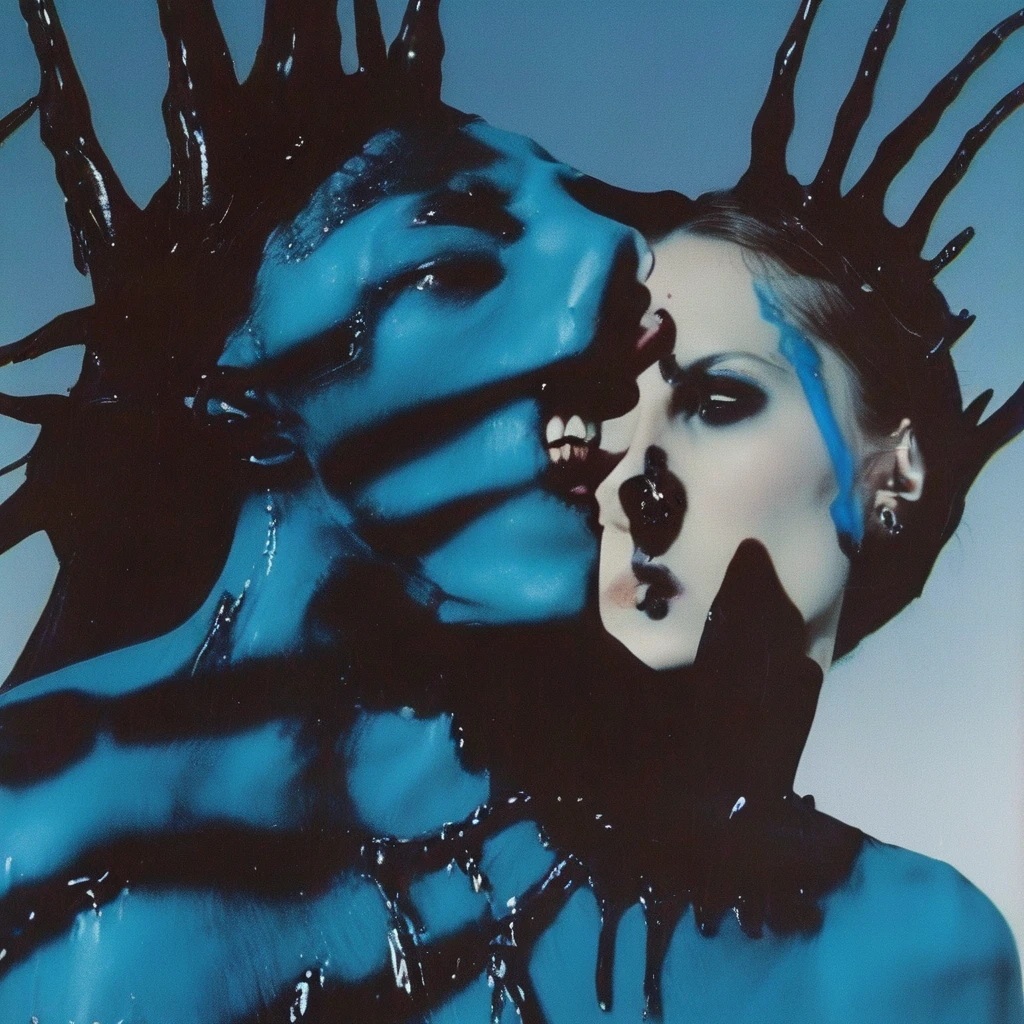 film photography, ancient, horror fashion photography, blue background