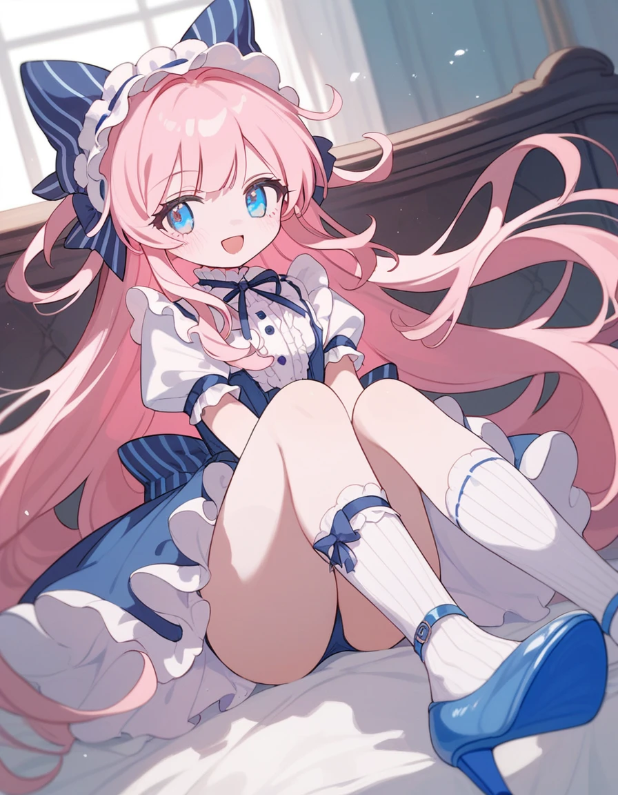 1girl, long dark pink hair, blue eyes, pink and blue lolita dress,thigh high socks, small pink high heels, staring at viewers, light pink skin, soft blush,smile, open mouth, hair bow