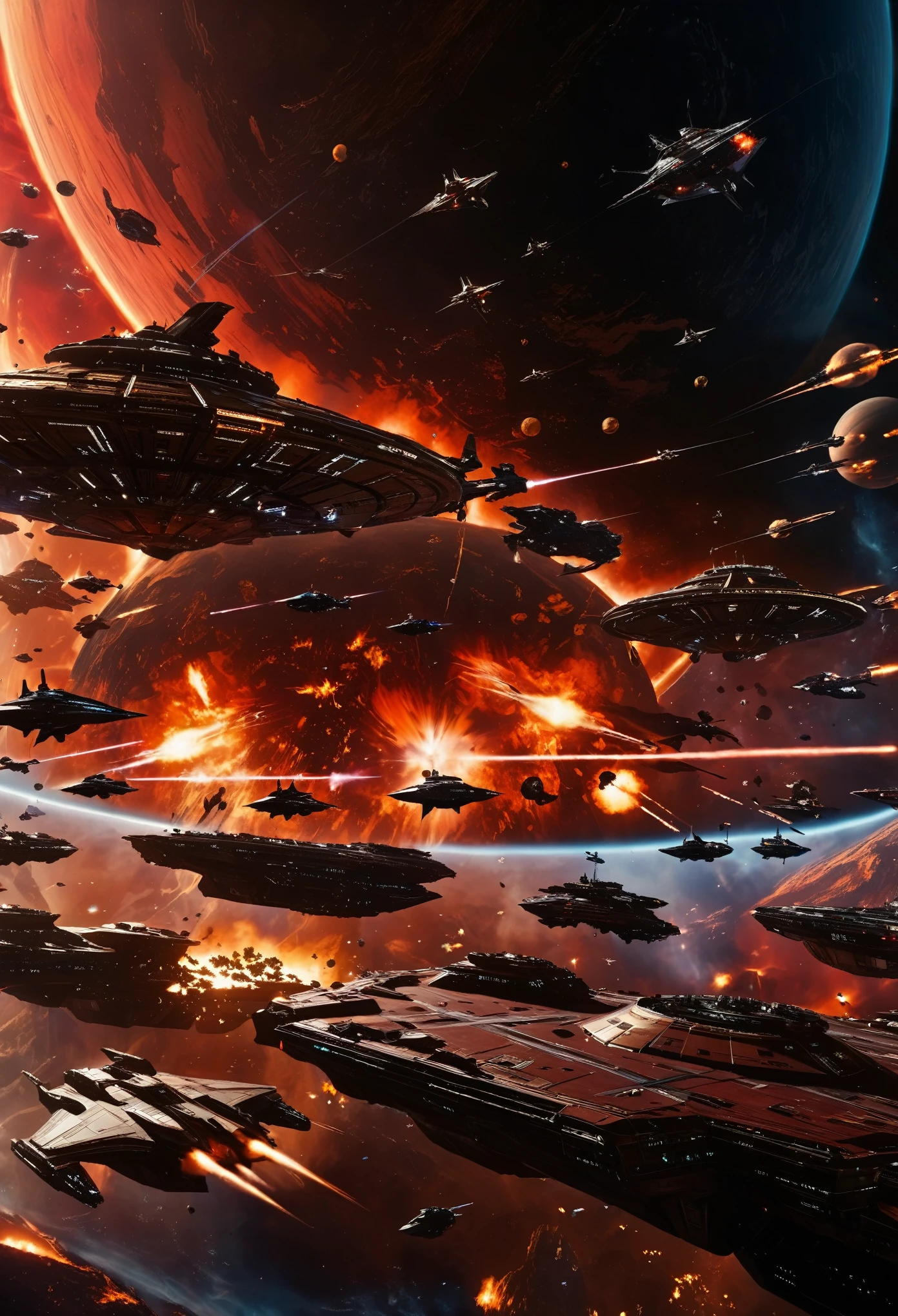 A cinematic scene of an epic space battle, with multiple starships engaged in combat amidst the backdrop of swirling flames and debris. The background features distant planets in dark red hues, adding to the dramatic atmosphere. In close up view, focus on one ship at center stage, surrounded by smaller ships from both sides.