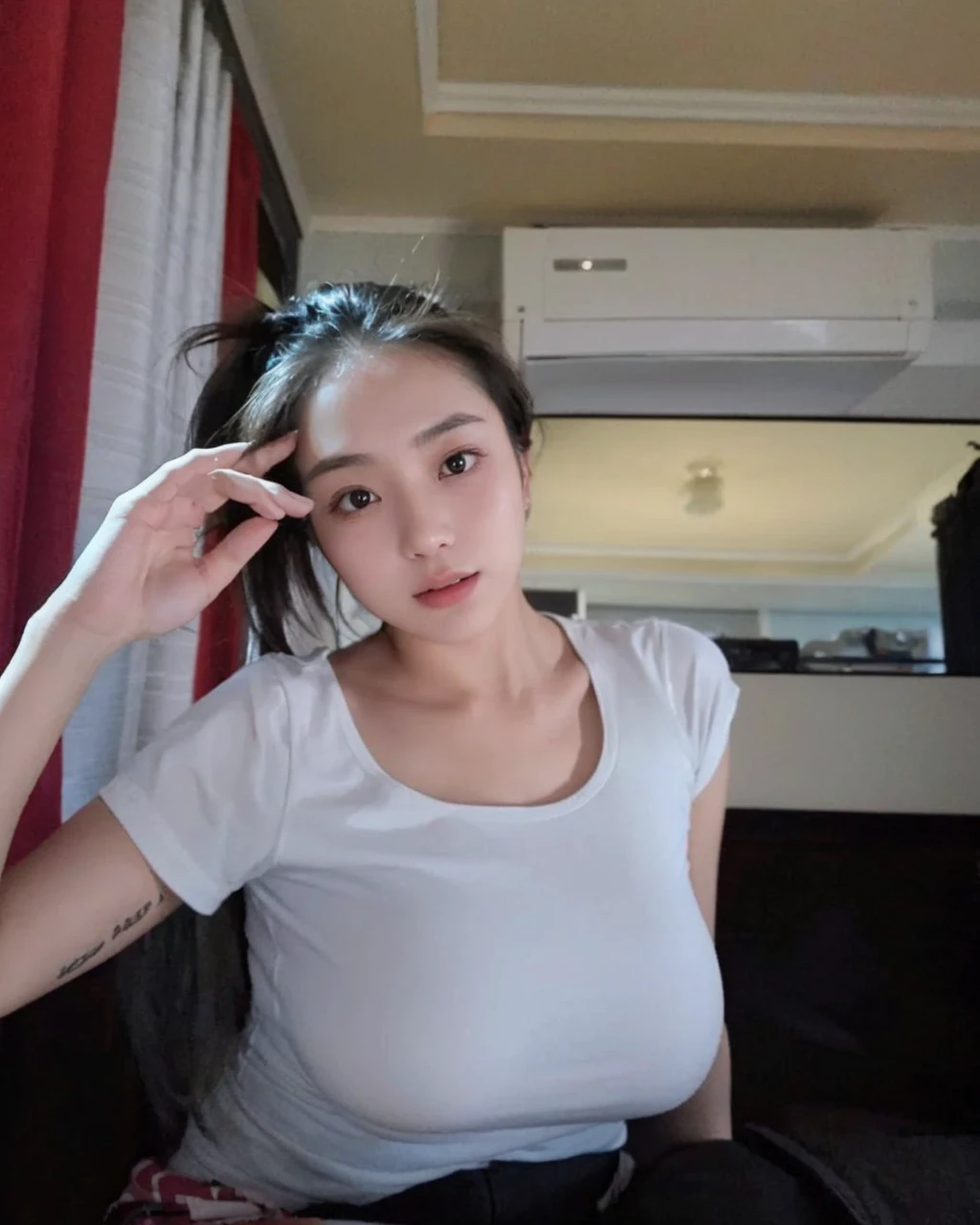 there is a woman standing in a room with a bed and curtains, she is about 1 , she is about 20 years old, she is about 2 0 years old, 18 years old, south east asian with long, young and cute girl, asian girl, with long hair, she is about 2 5 years oldinh