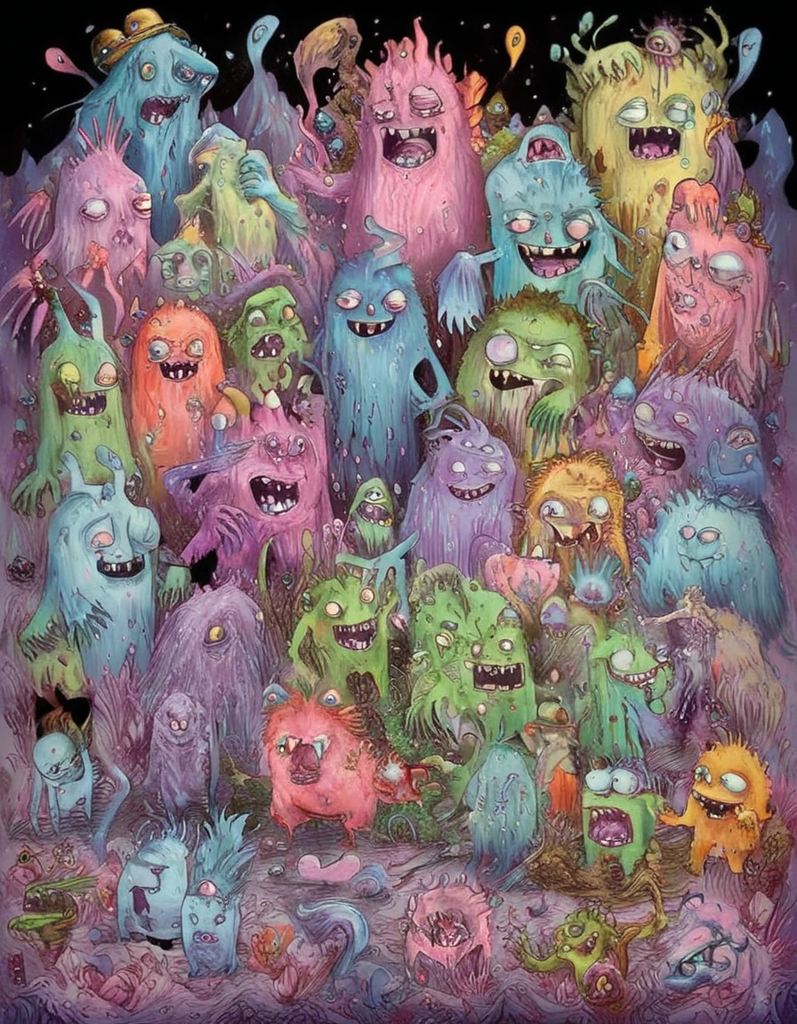 cute monsters,colorful,digital art,fantasy,magic,ultra detailed,professional illustration,chalk,poster artwork by Basil Gogos,clean DonMC3l3st14l3xpl0r3rsXL