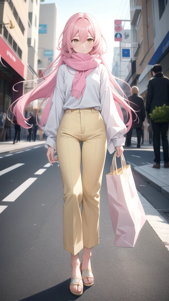 an anxious expression but at the same time fun, wear a pink blouse,A white scarf, and baggy light yellow pants and be feminine, who has long hair down to his white knees and has shining golden eyes