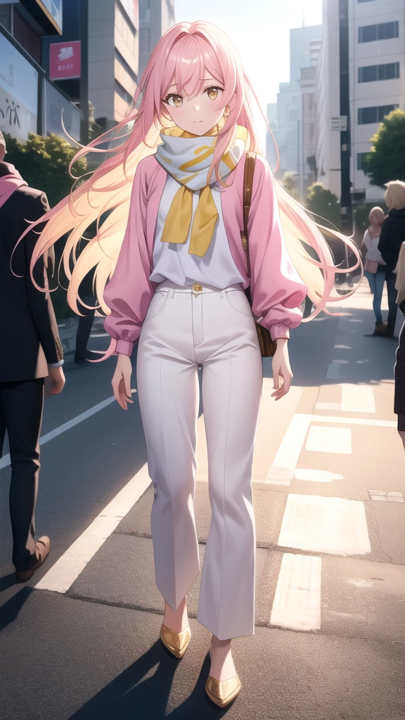 an anxious expression but at the same time fun, wear a pink blouse,A white scarf, and baggy light yellow pants and be feminine, who has long hair down to his white knees and has shining golden eyes