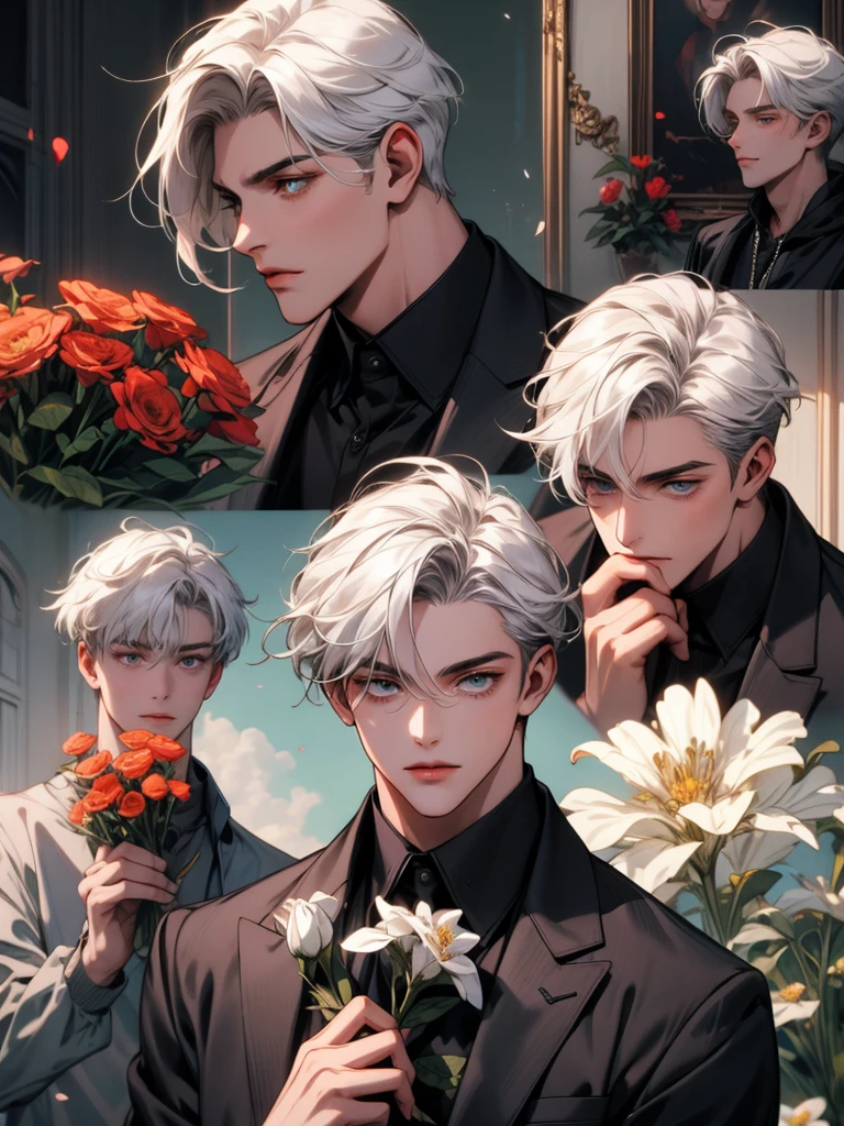 masterpiece, collage of age boy holding flowers, white hair