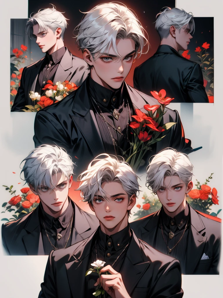 masterpiece, collage of age boy holding flowers, white hair