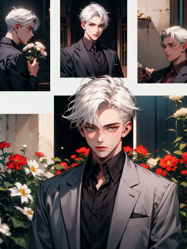 masterpiece, collage of teenage boy holding flowers,  white hair