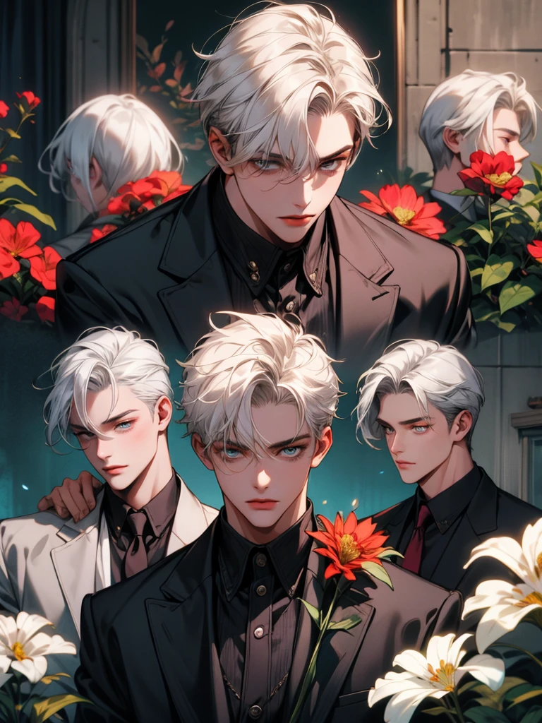 masterpiece, collage of teenage boy holding flowers, white hair