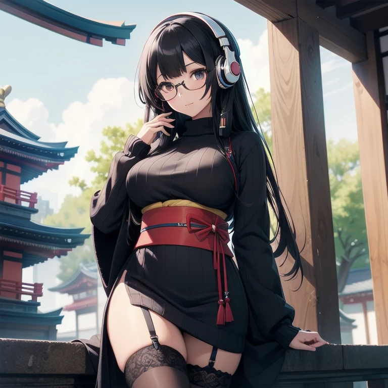 1girl, anime, black eyes, long black hair with square bangs, very long black hair, super long black hair, skirt and stockings, heels, black Japanese style kimono mixed with ribbed black sweater with red accents and sakura floral design, ((ribbed black sweater)) adult, (Japanese shrine/temple background), gamer, (((gamergirl))), kimono sleeves, ((big bust)), glasses, hourglass figure, garter, ((Headphones)), ((more white color/design))