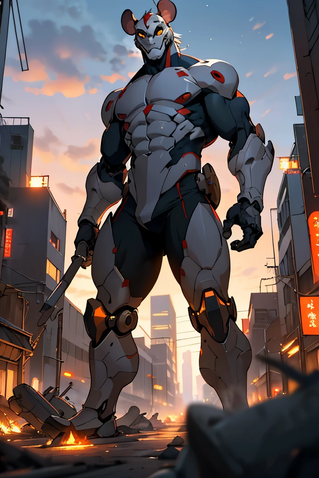 mouse Head,(No mask:1.5),masterpiece,best quality,dusk,muscular male,depth of field,messy,Battlefield,mecha danshi, giant towering city, ground-level view