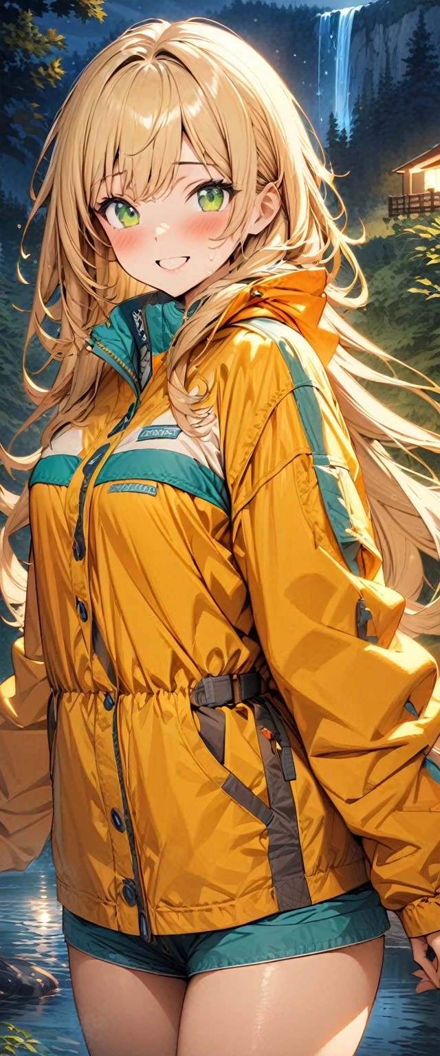 (masterpiece), (highest quality), (illustration), (super detailed), (high resolution), absurdity, 1girl,happy,blush,camping clothes,blonde hair,long hair,green eyes,night,forest lake,waterfall,looking at viewer,cowboy shot,water