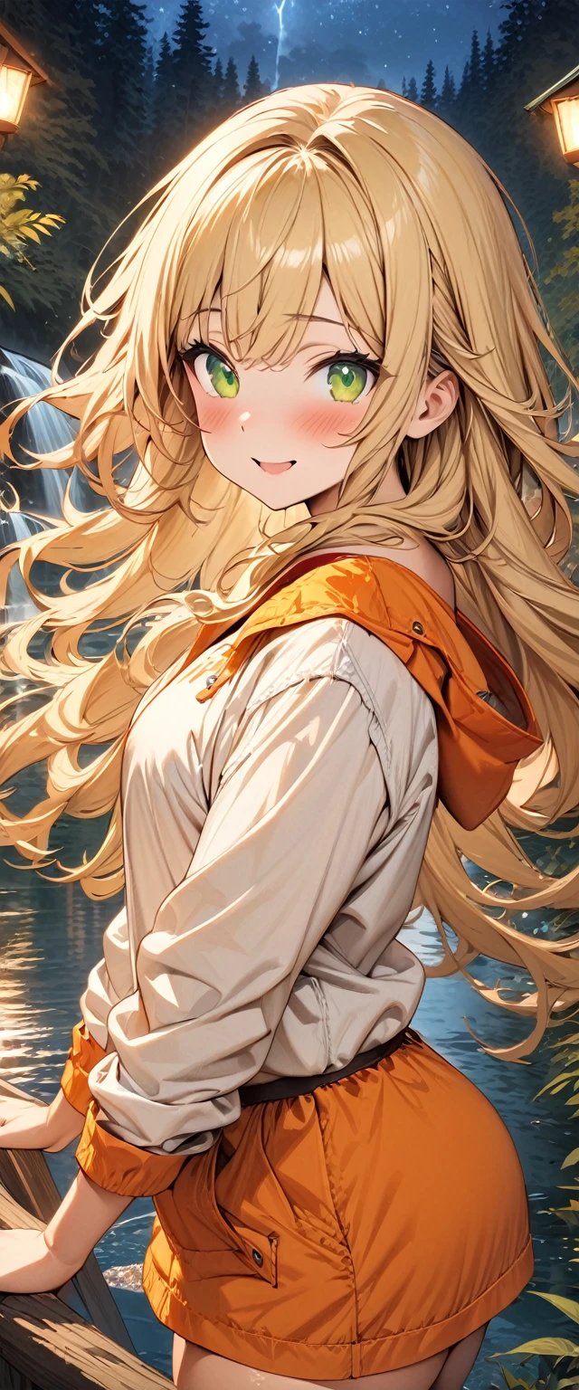(masterpiece), (highest quality), (illustration), (super detailed), (high resolution), absurdity, 1girl,happy,blush,camping clothes,blonde hair,long hair,green eyes,night,forest lake,waterfall,looking at viewer,cowboy shot,water