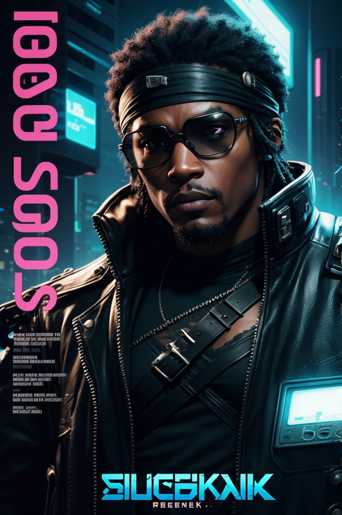 Cyberpunk poster about a black character wearing round glasses, He's a pirate,