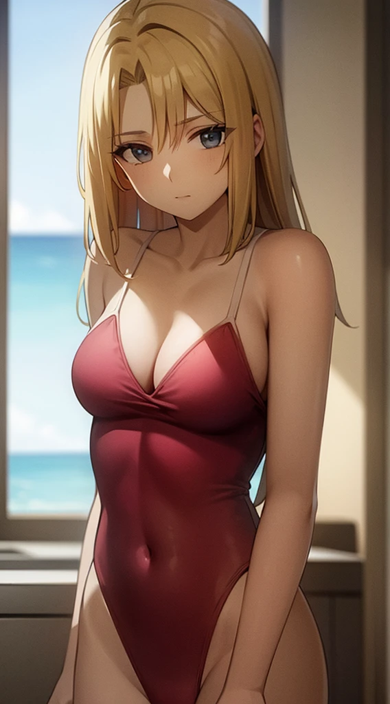 Upper body photo of beautiful blonde girl in swimsuit