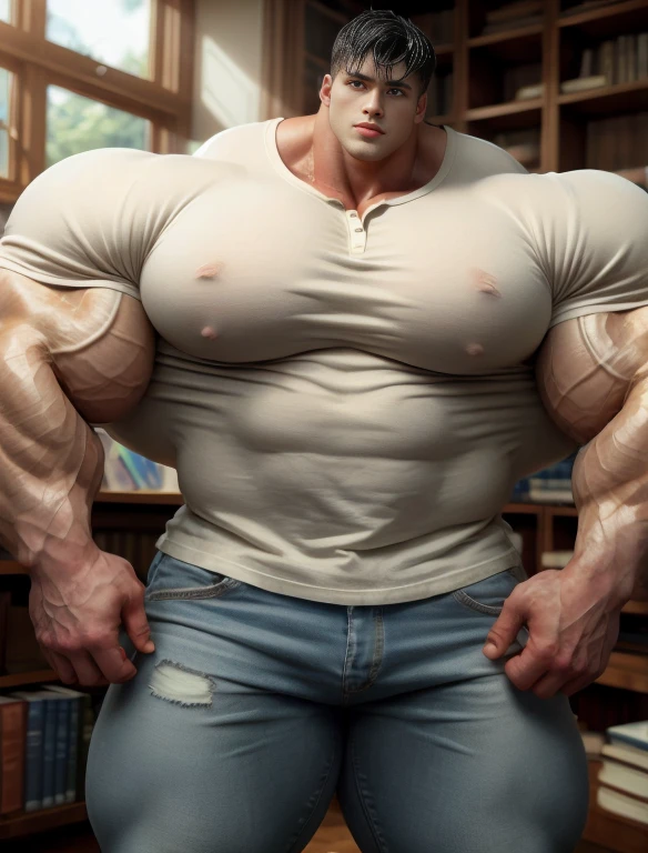 1boy, giant, alone, giant bodybuilder, wet, illuminating light, strong body, bulk, large size, stay in the bookshelf room, indoor, wear white henley shirt and jean pants, massive bulge, extraordinary big, brutalmass, giant muscular body, bulk, buff, massive body, large meaty body size, extremely wide body,